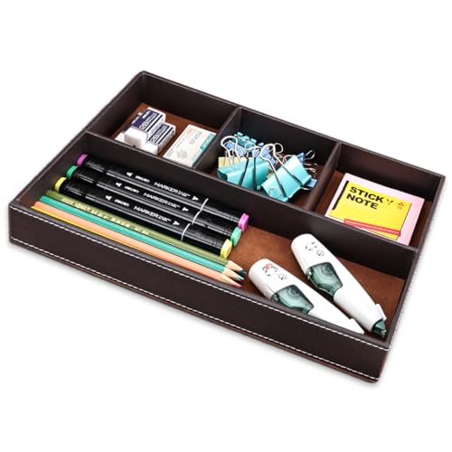 KINGFOM Pu Leather Desk Organizer Tray, 4 Compartment Office Storage Supplies Stationery Drawer Tray, Nightstand Bedside Tray for Key, Wallet, Watch, Coin, Phone Valet Tray Stackable - color: Brown