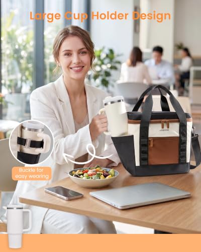 LOVEVOOK Insulated Lunch Bag for Women men, Large Leakproof Adult Lunch Box | 180° Wide Opening, Fits 40oz Cup, Heat-Sealed Leakproof, 4-Layer Thermal Insulation, Multi-Functional DIY Webbing - color: Beige, size: X Large-20L