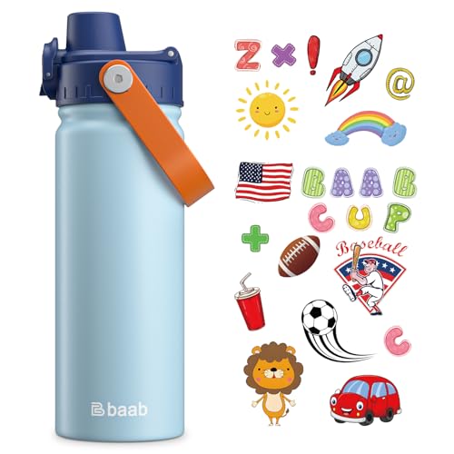baab 18oz Kids Water Bottle, Insulated Kids Water Bottle with Lockable Spout Lid & Stickers, 18/8 Stainless Steel Vacuum Leakproof Kid Water Cup with Handle for Boy & School (Light Blue+Navy Blue) - color: Light Blue+Navy Blue, size: 18 Ounces