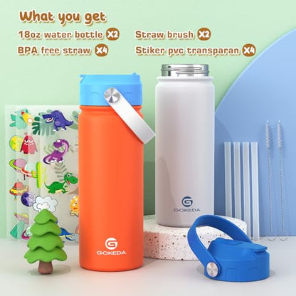 GoKEDA 18oz Kids Water Bottle, 2 Pack Stainless Steel Straw Cup - color: Blue White+Blue Orange