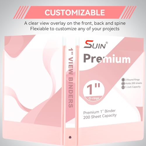 SUIN 1 Inch 3 Ring Binder, Clear 1'' View Presentation Binders with 2 Pockets, Fits 8.5 x 11 Letter Size, Durable Polypropylene, Non-Stick & PVC-Free for School, Office & Home (Brushed Pink) - color: Brushed Pink