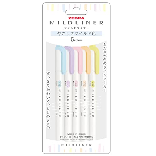 Zebra WKT7-5C-YC Highlighter, Mild Liner, Gentle Mild 5 Color Set - color: 5 colors (mild gentle), style: Fluorescent