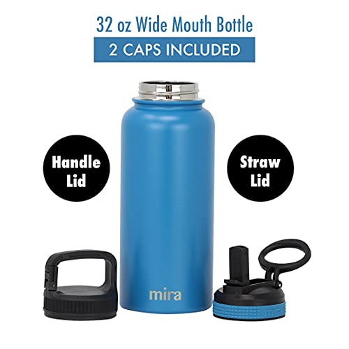 MIRA 32 oz Insulated Water Bottle - Stainless Steel Sports Flask with 2 Lids (Straw & Handle) - Cold Drink Thermo - Hawaiian Blue - color: Solid - Hawaiian Blue