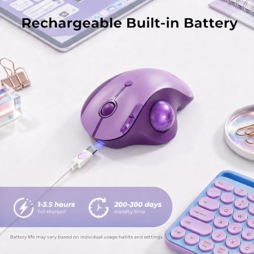 seenda Wireless Trackball Mouse, Ergonomic Bluetooth Rollerball Mouse Rechargeable, 3 Device Connection Optical Mice Adjustable DPI Thumb Control Mice Compatible for PC/Laptop/Windows/Mac - Purple - color: Purple