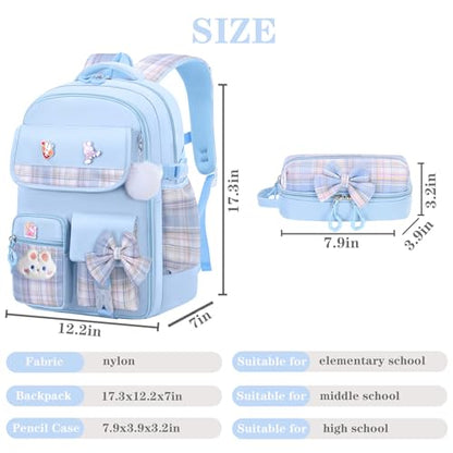 NSEQB Girls Backpack,Kids School Backpack With Lunch Box Pencil Case Set,Cute Childrens Schoolbag For Girls - color: Blue-2PCS