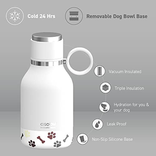 asobu Buddy Bottle, a Stainless Steel Insulated Water Bottle with Removable Dog Water Bowl and Dog Food and Treat Storage plate (White, 37 oz Water Bottle with 2 Bowls) - color: White