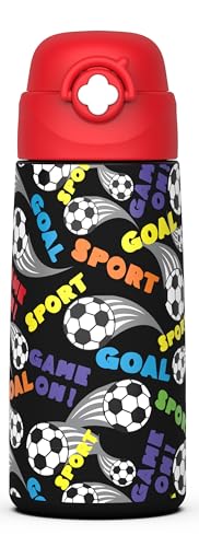 Boys Insulated Water Bottle with Covered Pop-Up Straw,16 oz Kids Cups with Stainless Steel Leak Proof for School（Red-Soccer） - color: A26.Football, style: 1Pack