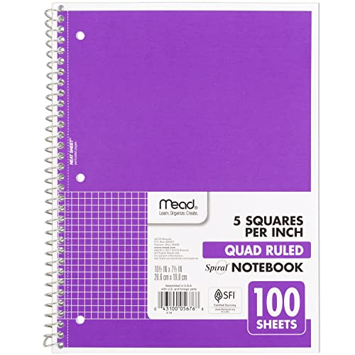 Mead Spiral Notebook, 1 Subject, Graph Ruled Paper, 7-1/2" x 10-1/2", 100 Sheets, Amethyst Purple (05676BA7) - color: Purple