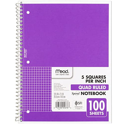 Mead Spiral Notebook, 1 Subject, Graph Ruled Paper, 7-1/2" x 10-1/2", 100 Sheets, Amethyst Purple (05676BA7) - color: Purple