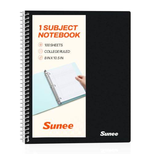 SUNEE Spiral Notebook, 1-Subject, College Ruled Paper, 8" x 10-1/2", 100 Sheets per Notebook, 3-Hole Punched Paper, Water Resistant Cover, Double-sided Pockets, Spiral Lined Notebooks for Work, Black - color: Black
