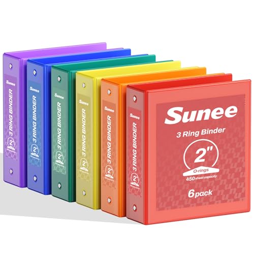 SUNEE 2 Inch Binders 3 Ring 6 Pack, Clear View Three Ring 2" Binders PVC-Free (Fit 8.5x11 Inches) for School or Office Supplies, Classic 6 Colors - color: Classic Assortment, size: 2 Inch