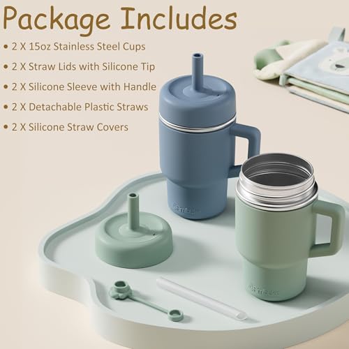 Fimibuke Toddler Tumbler with Handle & Straw, 15 OZ Spill Proof Sippy Cups | Leak Proof Stainless Steel Cups with Lid & Silicone Sleeve, BPA Free Dishwasher Safe Kids Water Bottle for Girl Boy, 2 Packs - color: Lavender & Blue