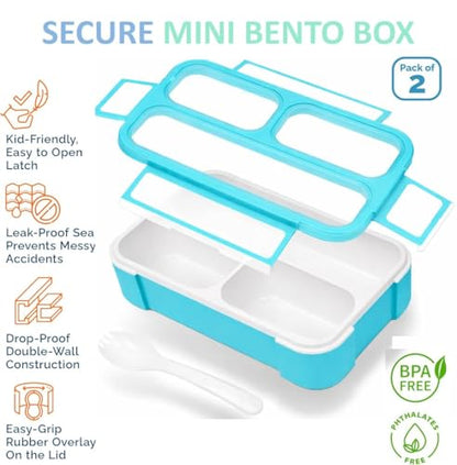 Small Snack Containers for Kids Toddlers - 3 Compartments (Set of 2) - Leak-Proof Reusable Boxes with Lids - BPA-Free Plastic Mini Bento Lunch Box - Holds 2 Cups Capacity (Pastel Blue+Teal Sparkle) - color: Pastel Blue + Teal Sparkle MINI 2pk