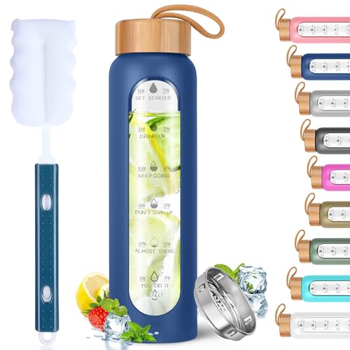 Aqulea Glass Water Bottles 25 Oz with Silicone Sleeve - BPA Free Reusable Wide Mouth Glass Motivational Water Bottles with Fruit Infuser – Leak Proof Borosilicate Water Bottle with Time Marker (Blue) - color: Navy Blue, size: 25 Ounces