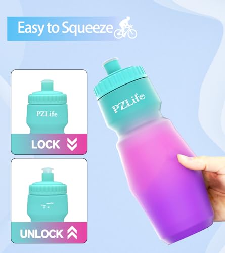 BPA Free Bike Water Bottle 24oz, Leakproof & Reusable Cycling Squeeze Bottle with Pull-Top Lid & Capacity Scale, for Bicycle, Mountain Bike, Gym, Running, School, Hiking - color: Green pink