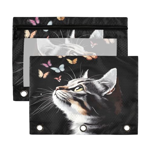 Kcldeci Pencil Pouch for 3 Ring Binder with Clear Window, Portrait of Cat and Butterflies - color: A07