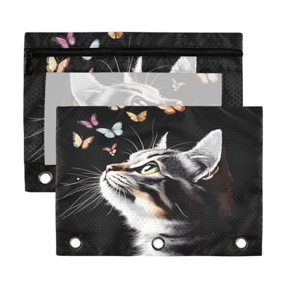Kcldeci Pencil Pouch for 3 Ring Binder with Clear Window, Portrait of Cat and Butterflies - color: A07