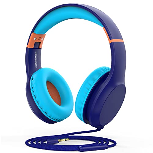 FosPower Kids Headphones with 3.5mm Laced Cables, Children & Teens Over The Ear Foldable Adjustable Headset w/Built-in Mic for Smartphones/PC/Tablet/Laptop/School (Max Volume 85dB) - Blue - color: 06 - Blue