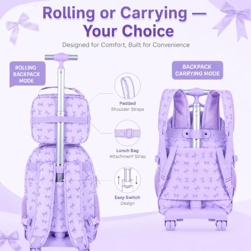 AGSDON Sophisticated Bow Print Rolling Bookbag for Girls Set – 20” Roller School Backpack with Matching Lunch Box for Travel, Commute | Water-Resistant Fashion Wheeled Organizer in Purple - color: Rolling Backpack Set - Bow Purple