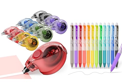 Four Candies Silent Correction Tape, White Correction Tape 12 Pack+ 0.7mm Erasable Gel Pens