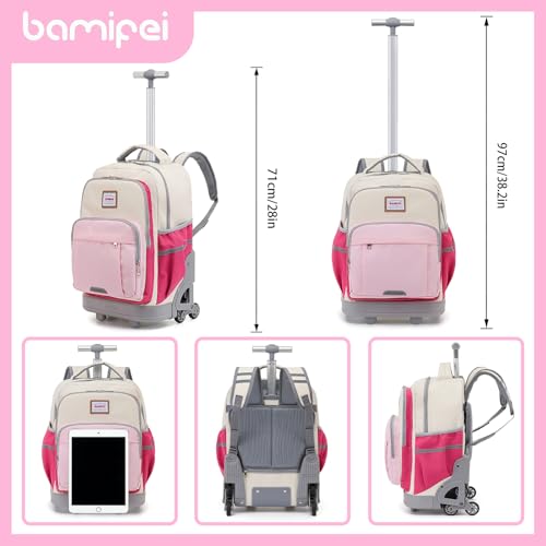 18 Inch Rolling Backpack for Girls, 3-Wheel Stair Climbing Kids Roller Backpack Set with Lunch Bag & Rain Cover, Travel Backpack for Kids, Back to School Essentials for Girls 8-12, Pink