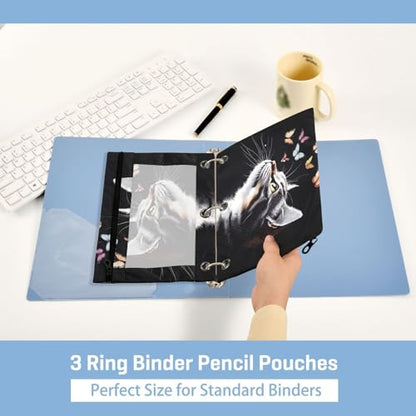 Kcldeci Pencil Pouch for 3 Ring Binder with Clear Window, Portrait of Cat and Butterflies - color: A07