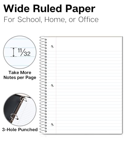 Dunwell 1 Subject Spiral Notebook (Black), Plastic Cover, 100 Sheets (200 Pages) 8x10.5 Paper, Wide Ruled for Easy Writing, 3-Hole Punched Perforated Pages, Divider with Pockets - color: Black