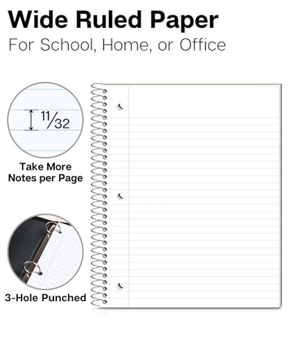 Dunwell 1 Subject Spiral Notebook (Black), Plastic Cover, 100 Sheets (200 Pages) 8x10.5 Paper, Wide Ruled for Easy Writing, 3-Hole Punched Perforated Pages, Divider with Pockets - color: Black