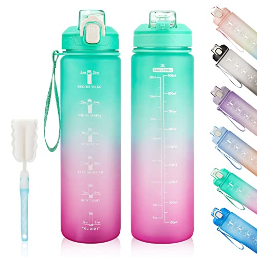 YC Kitchen 32oz Motivational Water Bottle with Straw & Carrying Strap | Leak-proof BPA Free Sports Water Bottles with Time Marker, with Times to Drink,Fitness, Gym, and Outdoor Sports - color: Green/Purple Gradient, size: 32 Ounces