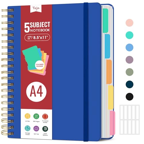 Hardcover Spiral Journal Notebooks for Work With Removable Dividers & Tabs, 8.5"x11" 5 Subject Notebook for Note Taking & Organizer, A4 College Ruled Lined Journal for Women & Writing, Royal Blue, 280 Pages - color: H-Royal Blue
