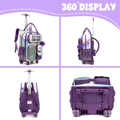 Kids Rolling Backpack with Wheels for Elementary Students Kids Travel Luggage Carry on School Backpack for Girls Ages 6-8 - color: A Purple