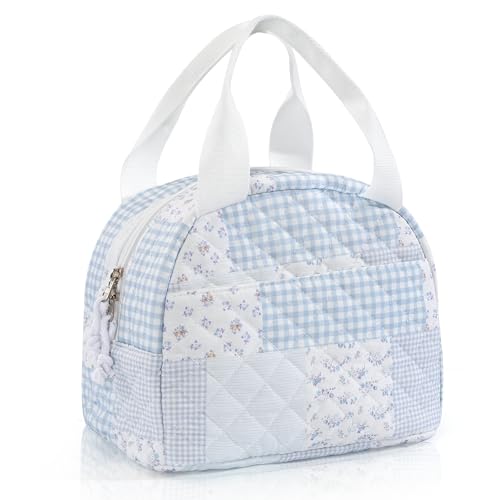 Insulated Lunch Bag for Women, Reusable Quilted Lunch Box Tote for Work & Office, Portable Leakproof Cooler Bag Roomy Adult Lunch Bags for Travel, Picnic & Daily Meals, Blue Plaid - color: Blue Plaid, size: M