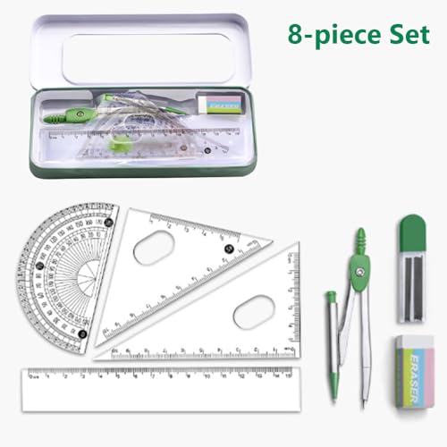 Math Geometry Tool Kit for Students – 8-Piece Compass Protractor Ruler Set with Metal Case, Anti-Myopia Office School Drawing Supplies (Green) - color: Green