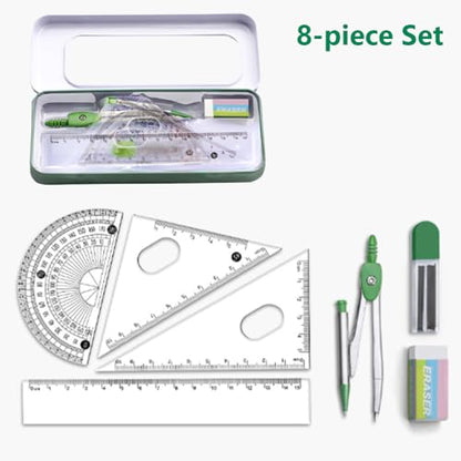 Math Geometry Tool Kit for Students – 8-Piece Compass Protractor Ruler Set with Metal Case, Anti-Myopia Office School Drawing Supplies (Green) - color: Green