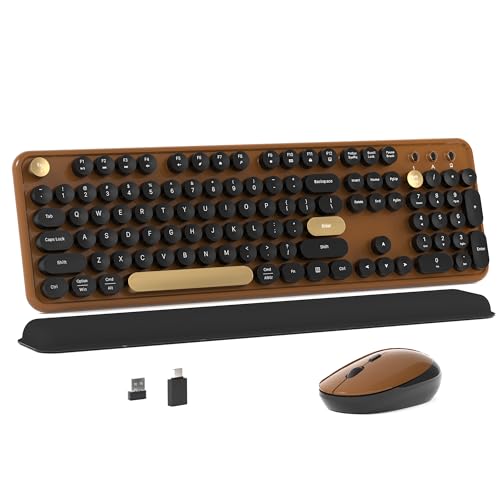 Colorful MPTOG Wireless Computer Keyboard and Mouse Combo (Black-Brown) | Retro Round Typewriter Keycaps, Power Switch, Ergonomic Design, 2.4GHz Wireless for Windows, Mac, PC - color: Black-Brown