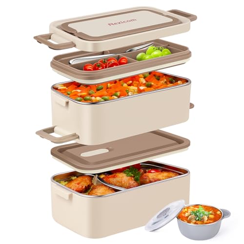 Stainless Steel Lunch Box for Kids and Adult, Two Layer 2 L Capacity Leak-Proof Bento Box for Kids, Lunch Containers for Women School Office with Stainless Steel Soup Bowl Spoon and Fork - color: Beige