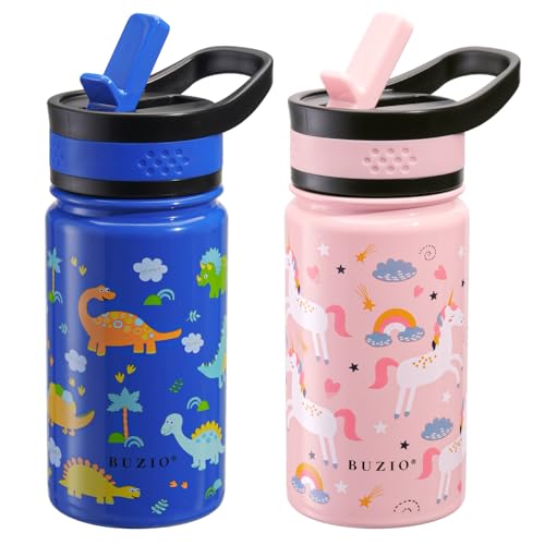 2-Pack Kids Water Bottle, BUZIO 14 oz Toddler Stainless Steel Insulated Water Bottles with Tritan Straw Lid, Leak Proof BPA-Free Wide Mouth Drink Flask for Shcool Boy Girl (Pink Unicorn+Blue Dinosaur) - color: Pink/Blue