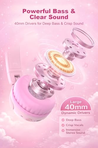 B2 Kids Bluetooth Headphones, 85/94dB Safe Volume Limited, 80H Playtime,Bluetooth 5.2, USB C, Kids Headphones Wireless for Travel Pad Tablet (Light Pink) - color: Light Pink