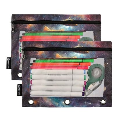 Star Cat Binder Pouches 3 Ring for Boys Girls School Office College Supplies Galaxy Space Pizza Alien Pencil Pouches Case Bag with Clear Window and Zipper 2 Pack - color: Pizza Cat