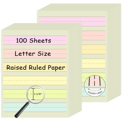 Handwriting Paper Kindergarten Wide Ruled 1-1/8” Raised Lined Paper Primary Writing Pad 8.5 x 11 Inch Colored Spacing Papers Tactile for Kids Multi-Sensory Ruled Handwriting Tablet(100)