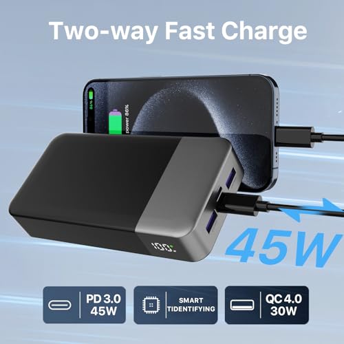 NOBIS Portable Charger, 20000mAh Power Bank, 45W Power Bank Fast Charging, Battery Pack with C to C Cable, Battery Bank with Digital Display for iPhone Android Laptop etc(Black) - color: Black