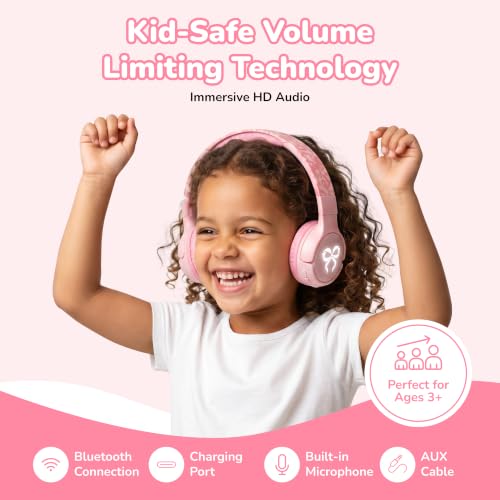 Kids Safe Wireless Light Up Headphones, Foldable Tangle-Free 3.5mm Jack, Volume Limiting 85/94dB, Over-Ear with Microphone for School/Toddlers/Teens/Boys/Girls/Ipad/Tablet/Kindle/Phones/Travel/Plane - color: Pink
