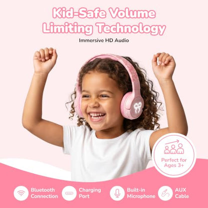 Kids Safe Wireless Light Up Headphones, Foldable Tangle-Free 3.5mm Jack, Volume Limiting 85/94dB, Over-Ear with Microphone for School/Toddlers/Teens/Boys/Girls/Ipad/Tablet/Kindle/Phones/Travel/Plane - color: Pink