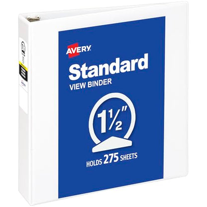 Avery Standard View 3 Ring Binder, 1.5" Round Rings, 275-Sheet Capacity, 2.1 Inch Wide Spine, 1 White Binder, Ideal for Lightweight Organization and Occasional Referencing (05726) - size: 1.5"