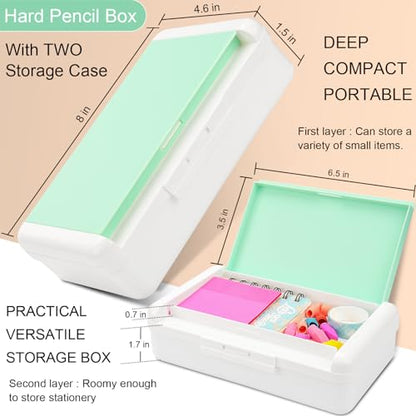 SFLHHDM Pencil Box, Double Layer Large Capacity, White Green, 1pcs | Plastic, Snap-tight Lid, Stackable Storage, For Gel Pen Pencils Crayons - color: White Green-1pcs