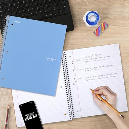 Five Star Spiral Notebook + Study App, 3 Subject, Wide Ruled Paper, 8" x 10-1/2", 150 Sheets, Fights Ink Bleed, Water Resistant Cover, Tidewater Blue (73184) - color: Tidewater Blue, size: 8" x 10-1/2" (Pack of 1)