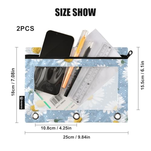 2 Pack Pencil Pouches for 3 Ring Binder Daisy Blue Zipper Pencil Case Bags with Clear Window for Classroom School Office Supplies - color: Daisy