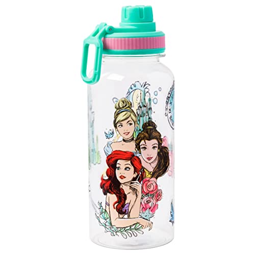 Silver Buffalo Disney Princess Ariel, Plastic Water Bottle, 32oz | Belle and Cinderella, Twist Spout, Sticker Set, You Stick Yourself, 0.95 Liters - color: Disney Princesses