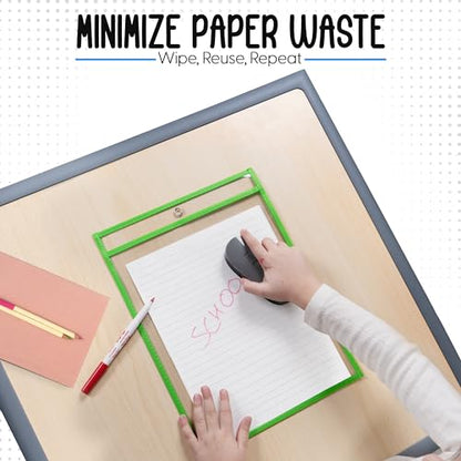 Essex Wares - 6 Pack, Green, Dry Erase Pocket Document Protectors, 10" Wide x 13.5" Tall - Dry Erase Clear Plastic Sleeves - Reusable & Easy Erase Plastic Invoice Holders, Water-Resistant & Durable - color: Green