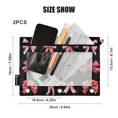 Pink Red Bow Black Pencil Pouch for 3 Ring Binder 2 Pack Zipper Binder Pencil Bag Case with Clear Window Office Supplies - color: multi5